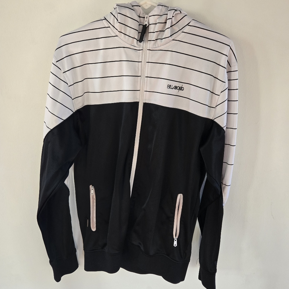 Billabong Hoodie Mens Large White Pinstripe And Solid Black Front Zip Pockets